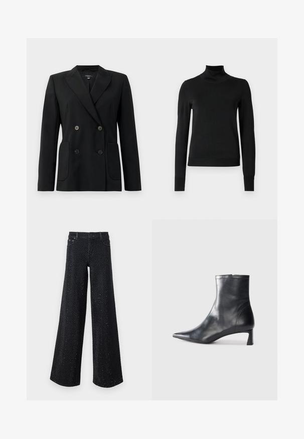 Blazer negro de doble botonadura, hecho de una tela estructurada, con solapas de muesca, dos bolsillos frontales y cuatro botones negros.; Suéter negro de manga larga con cuello de tortuga, con puños y dobladillo acanalados, exhibido sobre un fondo blanco liso.; Alice + Olivia Pernera ancha - maya charcoal black; Botín de cuero negro hasta el tobillo con punta afilada y un diseño elegante. Presenta un tacón bajo y un cierre con cremallera en la parte trasera. Textura suave.