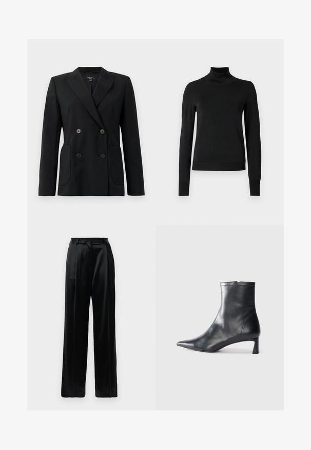 Blazer preto de dupla face feito de tecido estruturado, apresentando lapelas com corte em notch, dois bolsos frontais e quatro botões pretos.; Sweater preto de manga longa com gola alta, com punhos e bainha canelados, exposto em um fundo branco liso.; Calças pretas de cetim de cintura alta com pernas largas e retas, passantes para cinto e fecho frontal plano sobre um fundo branco liso.; Bota de tornozelo em pele preta com biqueira apontada e um design elegante. Apresenta um salto baixo e um fecho com zipper na parte de trás. Textura suave.