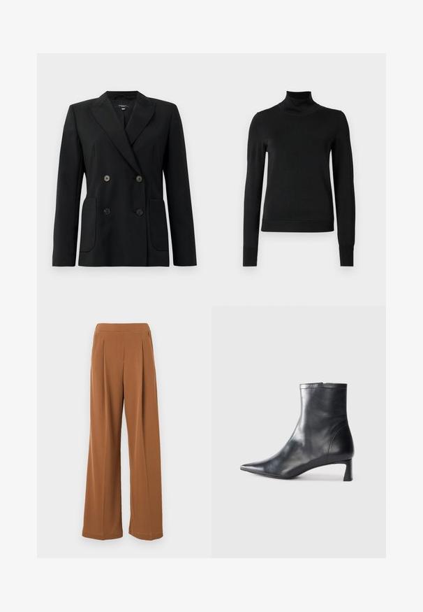 Melnā dubultā jaciņa, kas izgatavota no strukturēta auduma, ar griezumiem pie apkakles, divām priekšējām kabatām un četriem melniem pogām.; Melnas garām piedurknēm turtlenecks džemperis ar ribotām aprocēm un apakšmali, attēlots uz vienkārša balta fona.; Max Mara Leisure EUCLIDE - Auduma bikses - cuoio; Melnas ādas potītes zābaki ar norādītu pirkstu un elegantu dizainu. Iezīmē zemu papēdi un rāvējslēdzēja aizdari aizmugurē. Gluda tekstūra.