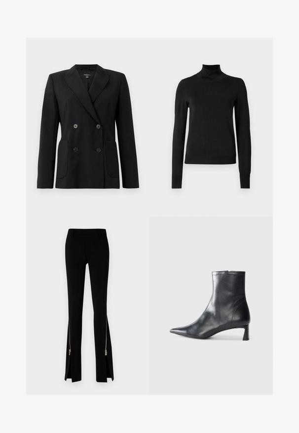 Blazer nero doppiopetto realizzato in tessuto strutturato, con rever a forma di pescante, due tasche frontali e quattro bottoni neri.; Pullover nero a maniche lunghe con collo alto, rifinito con polsini e orlo a coste, mostrato su uno sfondo bianco semplice.; DSQUARED2 ICON TRUMPET PANT - Pantaloni - black; Stivaletto in pelle nera con punta affusolata e design elegante. Presenta un tacco basso e una chiusura con zip sul retro. Texture liscia.