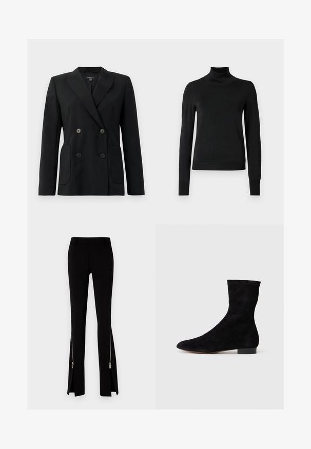 Juodas dvigubas švarkas, pagamintas iš struktūruotos medžiagos, su išpjautomis atlapomis, dviem priekinėmis kišenėmis ir taisyklingais juodais mygtukais.; Juoda ilgomis rankovėmis turtleneko tipo megztinis su rebruotomis rankovėmis ir apačia, eksponuojamas ant paprasto balto fono.; DSQUARED2 ICON TRUMPET PANT - Kelnės - black; Juoda zomšo kulkšnė su prigludusia ašimi, smailiu pirštu ir žemu bloku. Lygus paviršius ir minimalistiškas dizainas, tinkantis įvairiems stiliams.