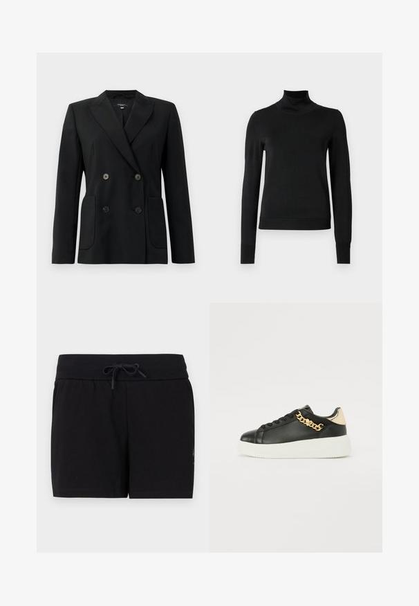 Čierny dvojradový blejzer vyrobený z pevnej látky, s klopami, dvoma prednými vreckami a štyrmi čiernymi gombíkmi.; Čierny dlhý rukáv rolák s rebrovanými manžetami a lemom, zobrazený na čistej bielej pozadí.; Čierne bavlnené šortky s elastickým pásom a šnúrkou. Majú čistý, jednoduchý dizajn a hladkú textúru.; Čierne kožené tenisky s textúrovaným povrchom, s akcentom zlatej retiazky a krémovou platformovou podrážkou.