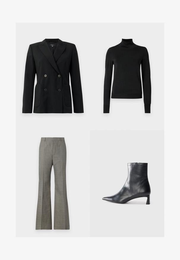 Blazer negro de doble botonadura, hecho de una tela estructurada, con solapas de muesca, dos bolsillos frontales y cuatro botones negros.; Suéter negro de manga larga con cuello de tortuga, con puños y dobladillo acanalados, exhibido sobre un fondo blanco liso.; Pantalones de campana grises fabricados con tejido texturizado, que presentan un corte entallado, un sutil patrón de cuadros y pliegues frontales para una apariencia refinada.; Botín de cuero negro hasta el tobillo con punta afilada y un diseño elegante. Presenta un tacón bajo y un cierre con cremallera en la parte trasera. Textura suave.