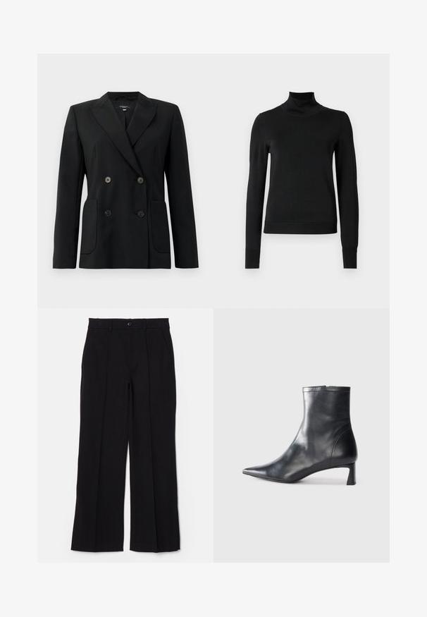 Blazer nero doppiopetto realizzato in tessuto strutturato, con rever a forma di pescante, due tasche frontali e quattro bottoni neri.; Pullover nero a maniche lunghe con collo alto, rifinito con polsini e orlo a coste, mostrato su uno sfondo bianco semplice.; Pantaloni neri con frontale piatto, gambe dritte e tasche. Realizzati in un tessuto morbido, dotati di chiusura con un solo bottone e passanti per cintura.; Stivaletto in pelle nera con punta affusolata e design elegante. Presenta un tacco basso e una chiusura con zip sul retro. Texture liscia.