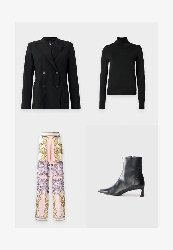 Črn dvoredni blazer iz strukturirane tkanine, z ovratnikom tipa notch, dvema sprednjima žepoma in štirimi črnimi gumbi.; Črni pulover s dolgimi rokavi in vratnikom, z rebrastimi манжетами in robom, prikazan na enobarvni beli podlagi.; Široke hlače iz lahkega materiala z roza in belo barvno shemo, okrašene z zapletenimi baročnimi vzorci v rumeni in modri barvi ter z zlatimi poudarki.; Črne usnjene gležnjarje s šiljastim nosom in elegantnim dizajnom. Imajo nizko peto in zadrgo na zadnji strani. Gladka tekstura.