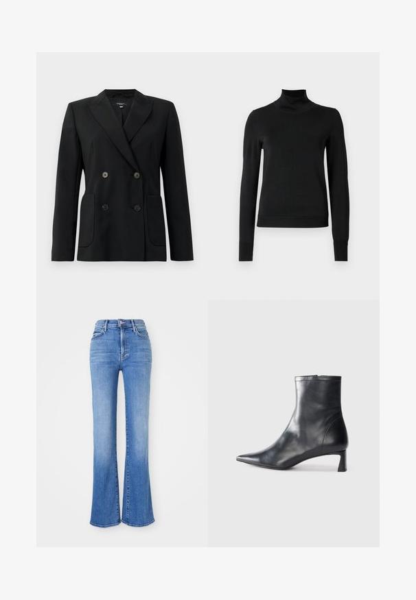 Melnā dubultā jaciņa, kas izgatavota no strukturēta auduma, ar griezumiem pie apkakles, divām priekšējām kabatām un četriem melniem pogām.; Melnas garām piedurknēm turtlenecks džemperis ar ribotām aprocēm un apakšmali, attēlots uz vienkārša balta fona.; Augstas vidukļa platās džinses, kas izgatavotas no gaiši zila denima. Iezīmes ietver piecas kabatas, rāvējslēdzēja aizdari un noberztas maliņas. Tekstūrēta auduma ar izbalējumu.; Melnas ādas potītes zābaki ar norādītu pirkstu un elegantu dizainu. Iezīmē zemu papēdi un rāvējslēdzēja aizdari aizmugurē. Gluda tekstūra.