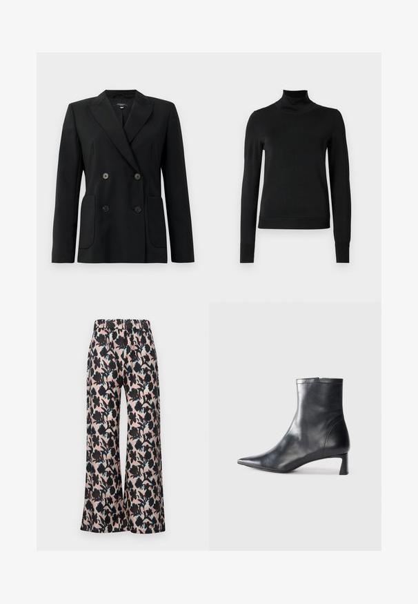 Črn dvoredni blazer iz strukturirane tkanine, z ovratnikom tipa notch, dvema sprednjima žepoma in štirimi črnimi gumbi.; Črni pulover s dolgimi rokavi in vratnikom, z rebrastimi манжетами in robom, prikazan na enobarvni beli podlagi.; MUNTHE ARUM - Hlače - rose; Črne usnjene gležnjarje s šiljastim nosom in elegantnim dizajnom. Imajo nizko peto in zadrgo na zadnji strani. Gladka tekstura.