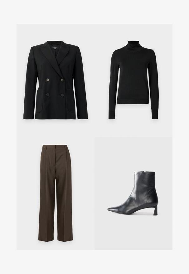 Zwarte dubbelgebreide blazer van gestructureerde stof, met notch revers, twee voord pockets en vier zwarte knopen.; Zwarte trui met lange mouwen en col, voorzien van geribde manchetten en zoom, weergegeven op een effen witte achtergrond.; Bruine wijde broek met een gladde textuur, voorzien van een hoge taille, plooien aan de voorkant en een tailored ontwerp. Geen zichtbare zakken of versieringen.; Zwarte leren enkellaars met een spitse neus en een slank ontwerp. Heeft een lage hak en een ritssluiting aan de achterkant. Gladde textuur.