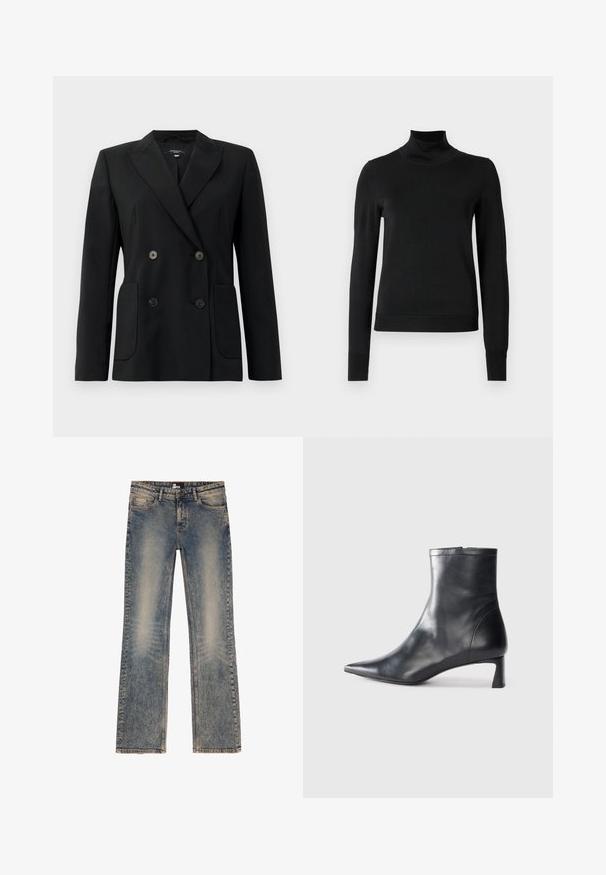 Blazer negru cu două rânduri de nasturi, realizat dintr-un material structurat, având rever cu decupaj, două buzunare frontale și patru nasturi negri.; Pulover negru cu mânecă lungă și guler tip colier, cu manșete și tiv cu elastic, expus pe un fundal alb simplu.; Jeans din denim de culoare bleumarin deschis, cu un finisaj decolorat, cinci buzunare și un design cu picioare drepte. Mansetă cusută și detalii ușor de ușurare.; Cizmă de gleznă din piele neagră cu vârf ascuțit și un design elegant. Dispune de un toc mic și de o închidere cu fermoar la spate. Textură netedă.