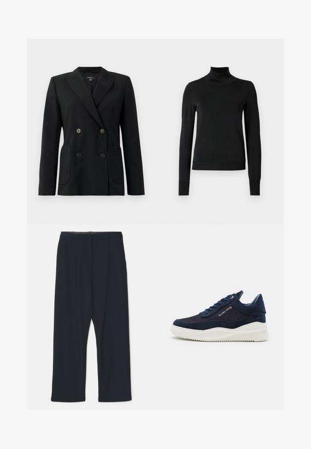 Črn dvoredni blazer iz strukturirane tkanine, z ovratnikom tipa notch, dvema sprednjima žepoma in štirimi črnimi gumbi.; Črni pulover s dolgimi rokavi in vratnikom, z rebrastimi манжетами in robom, prikazan na enobarvni beli podlagi.; Črne plisirane hlače z ravnim krojem. Narejene iz gladkega materiala, z ravnim pasom in stranskima žepoma. Minimalističen dizajn, brez vzorcev.; Temno modri semiš športniki z belimi gumijastimi podplati, okroglo prstno področje in vezalni dizajn. Imajo detajl logotipa na strani in teksturirane poudarke.
