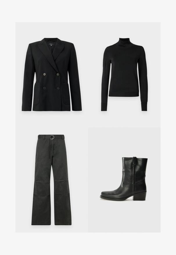 Blazer noir croisé en tissu structuré, avec des revers en pointe, deux poches avant et quatre boutons noirs.; Pull à col roulé noir à manches longues avec des poignets et un ourlet côtelés, présenté sur un fond blanc uni.; Pantalons noirs à jambe large avec une taille mi-haute, dotés d'une ceinture avec une boucle circulaire en argent et agrémentés de patchs aux genoux.; Bottine en cuir noir avec un bout rond, un talon carré, une fermeture éclair sur le côté et des coutures décoratives sur l'empeigne. Texture lisse, design classique.