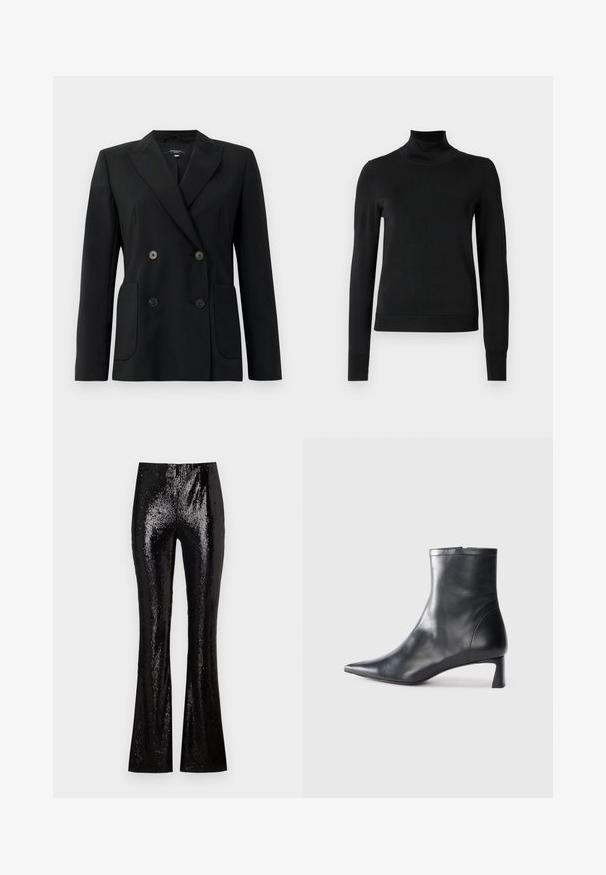 Mustvalge topeltkinnitatud bleiser, mis on valmistatud jäigast kangast, millel on kraed, kaks esist pocketit ja neli musta nööpi.; Mustmusterta mustaga pikkade varrukatega kõrge kaelusega sviiter, millel on ribakudumisega mansetid ja äär, esitatud lihtsal valgel taustal.; Mustad hõlmikpüksid, kaetud sädelustega, millel on sile tekstuur ja vormikas siluett, mis ulatub kuni pahkluuni.; Mustad mustall nahkasaabas terava nina ja stiilse disainiga. Omab madalat konts ja luku sulgemist taga. Sile tekstuur.