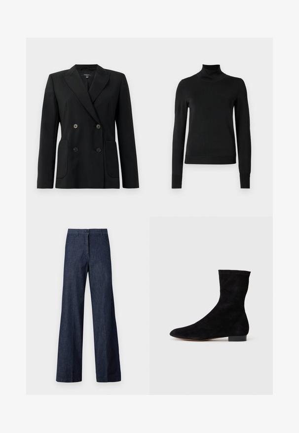 Zwarte dubbelgebreide blazer van gestructureerde stof, met notch revers, twee voord pockets en vier zwarte knopen.; Zwarte trui met lange mouwen en col, voorzien van geribde manchetten en zoom, weergegeven op een effen witte achtergrond.; Donkere denim wijde pijpen broek met een knoopsluiting aan de voorkant, twee zijzakken en een soepele textuur. De stof heeft een subtiele glans.; Zwarte suède enkelboot met een aansluitende schacht, puntige neus en een lage blokhak. Gladde textuur en minimalistisch ontwerp, geschikt voor veelzijdige styling.