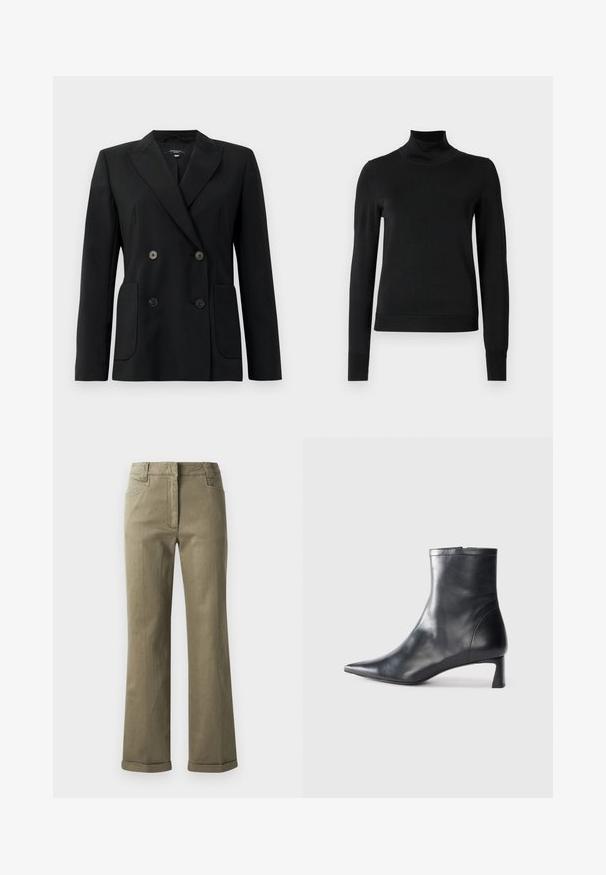 Juodas dvigubas švarkas, pagamintas iš struktūruotos medžiagos, su išpjautomis atlapomis, dviem priekinėmis kišenėmis ir taisyklingais juodais mygtukais.; Juoda ilgomis rankovėmis turtleneko tipo megztinis su rebruotomis rankovėmis ir apačia, eksponuojamas ant paprasto balto fono.; Kreminės plačios kojų kelnės, pagamintos iš minkštos medžiagos. Yra sukamučios apačios, priekinės kišenės ir užtrauktukas su mygtuko uždarymu.; Juodas odinis kulkšninis batas su smailiu pirštu ir elegantišku dizainu. Turi žemą kulną ir užtrauktuką gale. Lygi tekstūra.