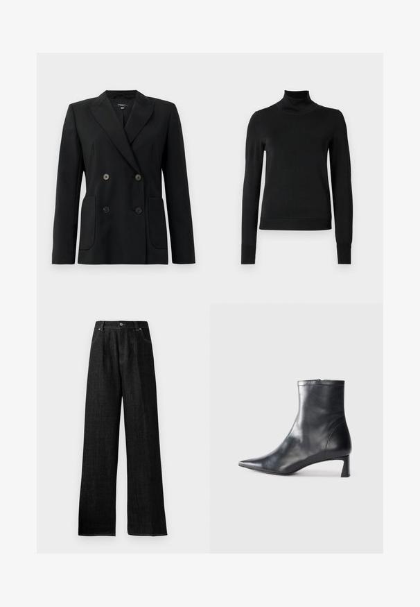 Blazer preto de dupla face feito de tecido estruturado, apresentando lapelas com corte em notch, dois bolsos frontais e quatro botões pretos.; Sweater preto de manga longa com gola alta, com punhos e bainha canelados, exposto em um fundo branco liso.; Calças largas de ganga pretas com uma cintura alta, apresentando costuras tonais, um fecho de botão na parte da frente e dois bolsos laterais.; Bota de tornozelo em pele preta com biqueira apontada e um design elegante. Apresenta um salto baixo e um fecho com zipper na parte de trás. Textura suave.