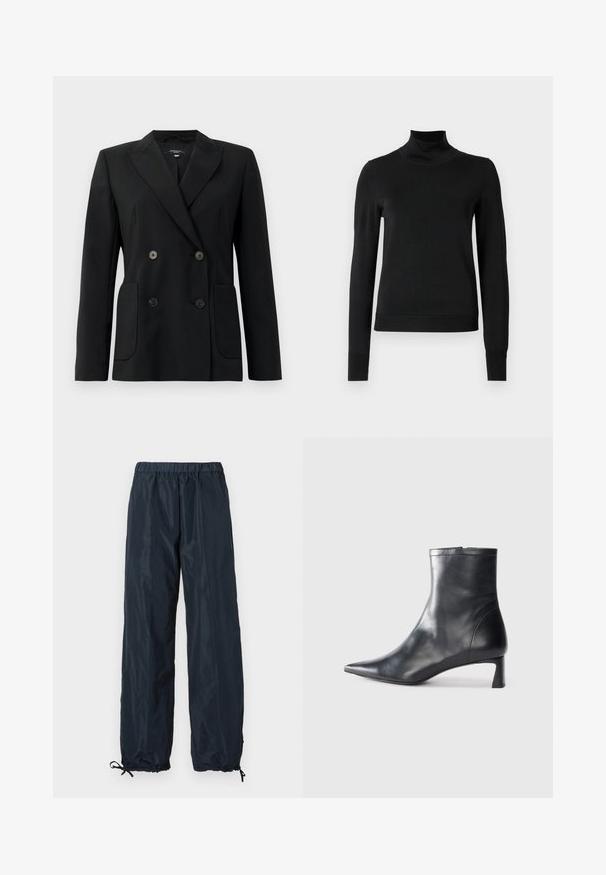 Fekete, kétsoros zakó, amely strukturált anyagból készült, kihajtott gallérral, két elülső zsebbel és négy fekete gombbal rendelkezik.; Fekete, hosszú ujjú garbós pulóver bordás mandzsettákkal és aljjal, sima fehér háttér előtt bemutatva.; Tengerészek számára készült szélvédő nadrág elasztikus derékkal, állítható mandzsettával és sima, könnyű anyagból. Teljes hosszúságú, zsebek nélkül.; Fekete bőr bokacsizma hegyes orral és letisztult dizájnnal. Alacsony sarka és hátsó cipzáras záródása van. Simának tűnő textúra.