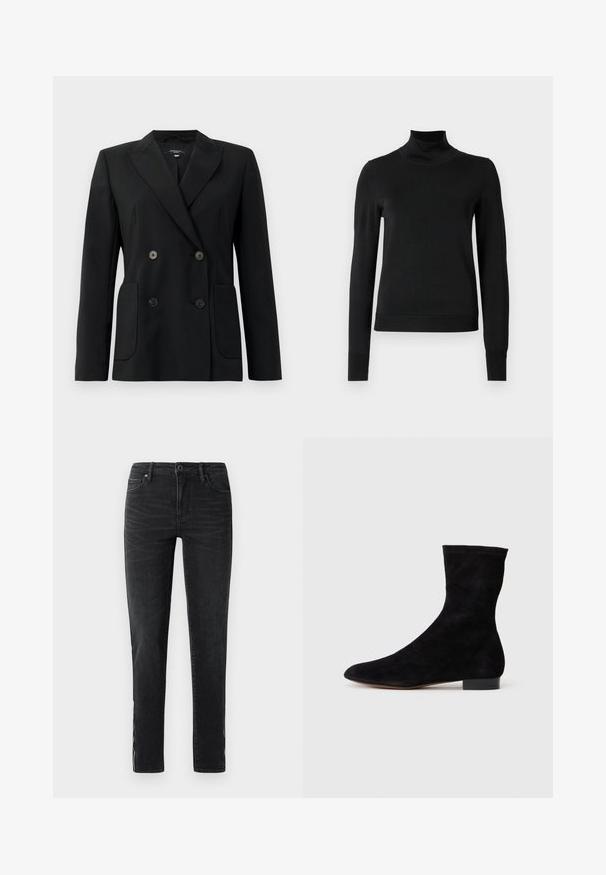 Juodas dvigubas švarkas, pagamintas iš struktūruotos medžiagos, su išpjautomis atlapomis, dviem priekinėmis kišenėmis ir taisyklingais juodais mygtukais.; Juoda ilgomis rankovėmis turtleneko tipo megztinis su rebruotomis rankovėmis ir apačia, eksponuojamas ant paprasto balto fono.; Juodi stilingi džinsai, priekinis mygtukas, diržo kilpos ir subtilios blukimo detalės šonuose bei priekinėje šlaunyje.; Juoda zomšo kulkšnė su prigludusia ašimi, smailiu pirštu ir žemu bloku. Lygus paviršius ir minimalistiškas dizainas, tinkantis įvairiems stiliams.