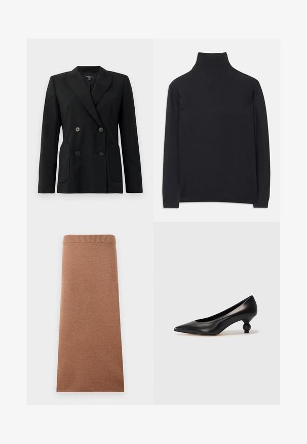 Musta kaksirivinen bleiseri, joka on valmistettu jämäkästä kankaasta ja jossa on asetelmalapelit, kaksi etutaskua ja neljä mustaa nappia.; Musta poolkaelune sviiter, mis on valmistatud pehmest kangast. Omab pikki varrukaid, kõrget kaela ja soonikkoes mansette ning alläänt, mis tagavad keha lähedase ilme.; Ruskea, neulottu midi-hame, jossa on tiukka elastinen vyötärö. Siisti pinta, suora leikkaus eikä näkyviä kuvioita tai koristeita.; Musta nahkakengät korkealla korolla, joissa on terävä kärki ja pyöreä, pallomainen korko. Sileä pinta ja tyylikäs, minimalistinen muotoilu.