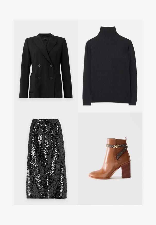 Czarna podwójnie zapinana marynarka z wytrzymałego materiału, z klapami w kształcie klina, dwiema przednimi kieszeniami i czterema czarnymi guzikami.; Czarny sweter z golfem wykonany z miękkiego materiału. Posiada długie rękawy, wysoki kołnierz oraz prążkowane mankiety i dół, co zapewnia dopasowany wygląd.; Czarna spódnica z cekinami o prostym kroju, elastycznym pasku i gładkiej fakturze, z cekinami w różnych rozmiarach dla wizualnego kontrastu.; Brązowy skórzany botek na kostkę z piętą w kształcie bloku, boczny pasek z złotymi ćwiekami i zapięciem z logo "MK" w kolorze złotym.