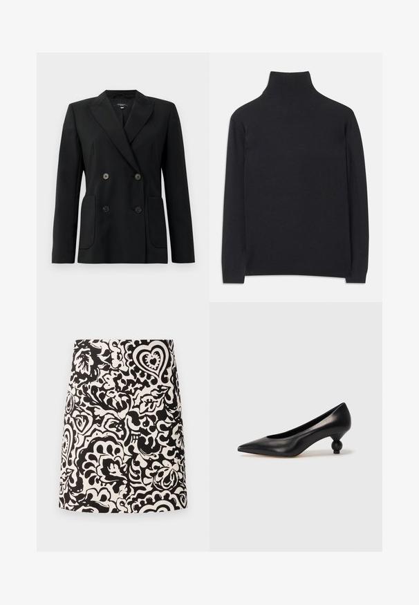 Sort dobbeltradet blazer lavet af struktureret stof, med klapkrave, to forlommer og fire sorte knapper.; Sort turtleneck sweater lavet af blødt stof. Har lange ærmer, en høj hals, og ribbede manchetter og kant for et stramt look.; Sort-hvid blomster mønstret mini nederdel lavet af stof med en glat tekstur og en lige kant. Har svungne designs og hjerter.; Sort læder høje hæle med spids tå og rund, kugleformet hæl. Glat tekstur med et stilrent, minimalistisk design.