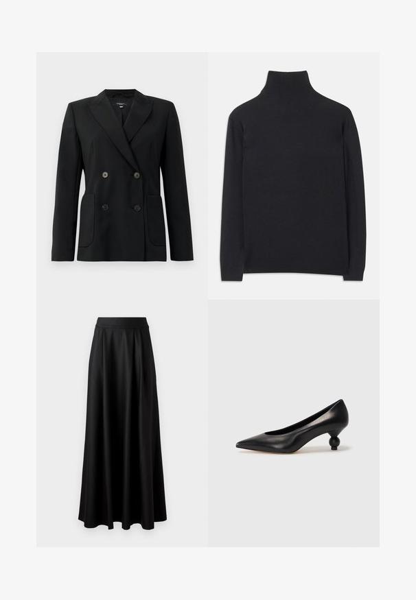 Melnā dubultā jaciņa, kas izgatavota no strukturēta auduma, ar griezumiem pie apkakles, divām priekšējām kabatām un četriem melniem pogām.; Melns augstais kakls džemperis no mīksta auduma. Tam ir garas piedurknes, augsts kakls un ribotas aproces un apakšmala, lai radītu pieguļošu izskatu.; Melnas, grīdai pieguļošas svārki ar gludu tekstūru, platām jostām un pleitu dizainu, bez redzamām apdrukām vai rotājumiem.; Melnas ādas augstpapēžu kurpes ar smailu purngalu un apaļu papēdi. Gluda tekstūra ar elegantu, minimālistisku dizainu.