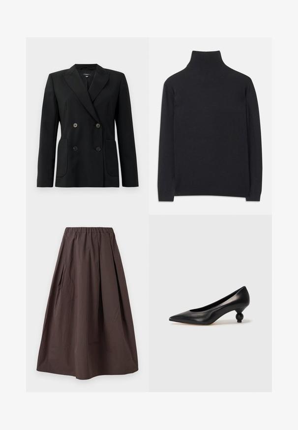Blazer noir croisé en tissu structuré, avec des revers en pointe, deux poches avant et quatre boutons noirs.; Pull à col roulé noir en tissu doux. Il dispose de manches longues, d'un col montant et de bords côtelés pour un look cintré.; Jupe mi-longue marron avec une taille élastique et des plis subtils sur un fond blanc.; Chaussure à talon haut en cuir noir avec un bout pointu et un talon arrondi. Texture lisse avec un design épuré et minimal.