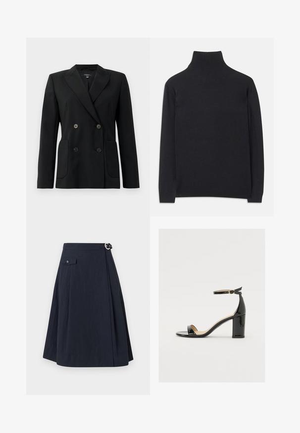 Črn dvoredni blazer iz strukturirane tkanine, z ovratnikom tipa notch, dvema sprednjima žepoma in štirimi črnimi gumbi.; Črn pulover z visoko ovratnikom, izdelan iz mehkega materiala. Ima dolge rokave, visoko ovratnik ter rebraste manšete in rob, kar daje prilegajoč videz.; Mornarsko modra A-linija krila s stranskim gumbom, ki vključuje sprednji žep in gladko, lahko blago z rahlim sijajem.; Črne patentirane sandale s široko peto, odprtim prstom in trakovi okoli gležnja, ki imajo zlat zajemalec. Gladka tekstura in eleganten dizajn.