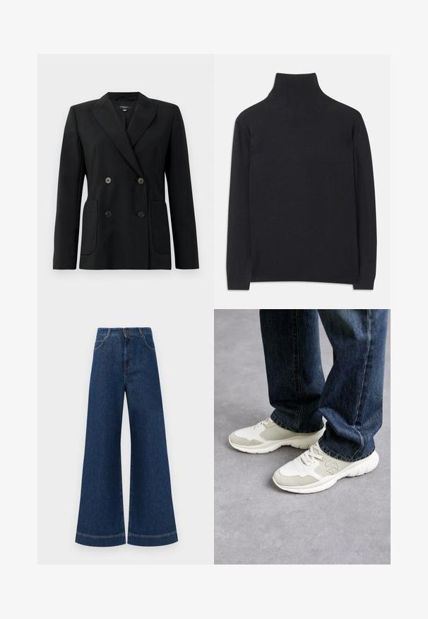 Melnā dubultā jaciņa, kas izgatavota no strukturēta auduma, ar griezumiem pie apkakles, divām priekšējām kabatām un četriem melniem pogām.; Melns augstais kakls džemperis no mīksta auduma. Tam ir garas piedurknes, augsts kakls un ribotas aproces un apakšmala, lai radītu pieguļošu izskatu.; Plati ziladenim bikses ar augstu jostasvietu, kas aprīkotas ar pogas aizdari, jostu cilpām un nelieliem šuvju detalizējumiem ap kabatām un malām.; Skrējiens gaiši pelēkā un maigas beiges acs audumā ar zamša akcentiem. Iespējas ar šņorēšanu un biezu baltu gumijas zoli. Valkāti ar ziliem džinsiem.