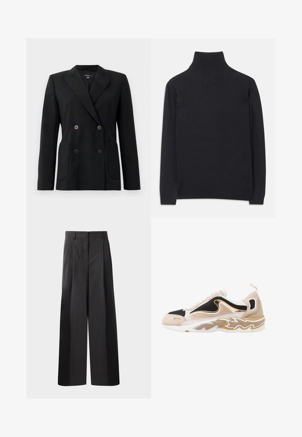 Blazer noir croisé en tissu structuré, avec des revers en pointe, deux poches avant et quatre boutons noirs.; Pull à col roulé noir en tissu doux. Il dispose de manches longues, d'un col montant et de bords côtelés pour un look cintré.; Pantalon large noir avec une taille haute, doté de plis avant, d'une texture lisse et d'une finition ajustée. Conçu pour un ajustement décontracté.; Baskets avec une tige en maille noire, des accents en daim beige et un détail métallique doré. Présente une semelle blanche avec un design en motif de vagues.