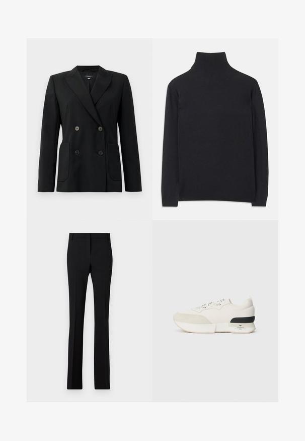 Melnā dubultā jaciņa, kas izgatavota no strukturēta auduma, ar griezumiem pie apkakles, divām priekšējām kabatām un četriem melniem pogām.; Melns augstais kakls džemperis no mīksta auduma. Tam ir garas piedurknes, augsts kakls un ribotas aproces un apakšmala, lai radītu pieguļošu izskatu.; Melni bikses ar pielāgotu piegriezumu, taisnām kājām un gludu tekstūru. Iekļauj standarta jostasvietu un iepresētu krokas priekšpusē.; Baltie kedas ar teksturētu zamšādu purngalu, gludu acu auduma augšdaļu, dekoratīvu auklu un melnu gumijas papēža akcentu.