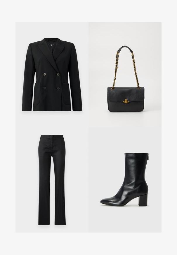 Čierny dvojradový blejzer vyrobený z pevnej látky, s klopami, dvoma prednými vreckami a štyrmi čiernymi gombíkmi.; Čierny rolák z mäkkej tkaniny. Má dlhé rukávy, vysoký golier a rebrované manžety a lem pre priliehavý vzhľad.; Čierne, priliehavé nohavice s hladkou textúrou, mierne lesklým povrchom a strihom s rovnými nohavicami. Žiadne viditeľné kovové prvky ani vzory.; Čierne kožené členkové topánky s špicatou špičkou a blokovým podpätkom vysokým 4 cm. Elegantný dizajn obsahuje bočný zips pre jednoduché obúvanie. Hladká textúra.; Čierna kožená kabelka s preklopeným klopou, zlatým reťazovým popruhom a logom na prednej strane. Hladká štruktúra.