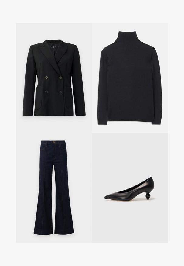 Black double-breasted blazer made of structured fabric, featuring notch lapels, two front pockets, and four black buttons.; Black turtleneck sweater made of soft fabric. Features long sleeves, a high neck, and ribbed cuffs and hem for a fitted look.; Dark blue denim flared jeans with a high waist, front pockets, and visible stitching. The fabric has a smooth texture and structured shape.; Black leather high heel shoe with a pointed toe and a round, balled heel. Smooth texture with a sleek, minimal design.