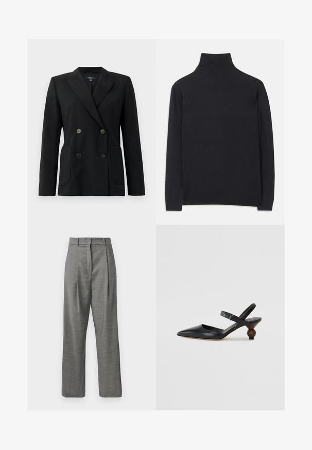 Juodas dvigubas švarkas, pagamintas iš struktūruotos medžiagos, su išpjautomis atlapomis, dviem priekinėmis kišenėmis ir taisyklingais juodais mygtukais.; Juodas golfas, pagamintas iš minkštos medžiagos. Jis turi ilgomis rankovėmis, aukštu kaklu ir šonkauliniais rankogaliais bei apvadu, suteikiančiais prigludusį įvaizdį.; Pilkos aukščiau juosmens kelnės su mažais langeliais, priekyje raukšlėmis, diržo kilputėmis ir tiesiomis kojomis ant balto fono.; Juodos odinės slingback tipo bateliai su smailiu nosiu, išlenktu dizainu ir apvaliu medžio imitacijos kulnu. Pabrėžia siauras kulkšnies dirželis.