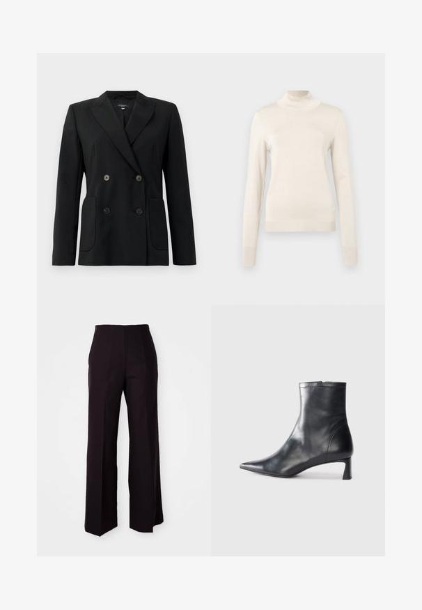 Blazer preto de dupla face feito de tecido estruturado, apresentando lapelas com corte em notch, dois bolsos frontais e quatro botões pretos.; Suéter de gola alta de cor creme, feito de um tecido de malha suave, com mangas longas e detalhes canelados na gola e nos punhos.; Calças largas pretas com cintura alta, apresentando uma textura suave e pregas frontais subtis, confeccionadas para um ajuste estruturado.; Bota de tornozelo em pele preta com biqueira apontada e um design elegante. Apresenta um salto baixo e um fecho com zipper na parte de trás. Textura suave.