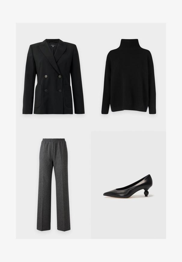 Schwarzer, doppelt gefütterter Blazer aus strukturiertem Stoff, mit Reverskragen, zwei Vordertaschen und vier schwarzen Knöpfen.; Schwarzer Strickpullover mit hohem, geripptem Kragen, herabgesetzten Schultern und lockerer Passform. Verfügt über gerippte Bündchen und Saum für zusätzliche Textur.; Graue, strukturierte weite Hosen mit einem elastischen Bund, die ein dezentes Fischgrätenmuster zeigen. Aus weichem Stoff mit einem lockeren Schnitt.; Schwarze Leder-Pumps mit spitzem Zehenbereich und runder, ballförmiger Ferse. Glatte Textur mit einem eleganten, minimalistischen Design.
