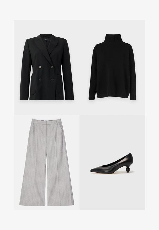 Zwarte dubbelgebreide blazer van gestructureerde stof, met notch revers, twee voord pockets en vier zwarte knopen.; Zwarte gebreide trui met een hoge, geribbelde kraag, verlaagde schouders en een ontspannen pasvorm. Voorzien van geribbelde manchetten en zoom voor textuur.; Grijze wijde broek met verticale streepdessins, met een zachte textuur en een subtiele glans. Inclusief voorzakken en een tailleband.; Zwarte leren hoge hak schoen met een spitse neus en een ronde, bolle hak. Gladde textuur met een elegant, minimalistisch ontwerp.