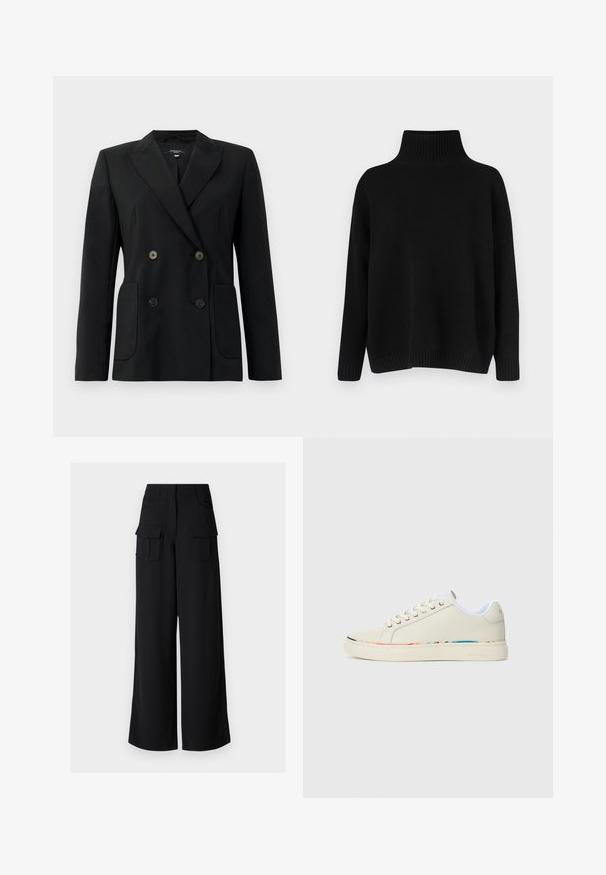 Crni dvostruki sako od čvrstog materijala, s reverima, dva prednja džepa i četiri crna dugmeta.; Crni pleteni džemper s visokim rebrastim ovratnikom, spuštenim ramenima i opuštenim krojem. Ima rebraste manžete i rub radi teksture.; Crne široke cargo hlače od glatkog materijala, s dva prednja džepa i dva velika cargo džepa sa strane.; Off-white niske tenisice s vezanjem, bijela unutrašnjost i suptilni višeboji rub duž ivice đona, bočni pogled.