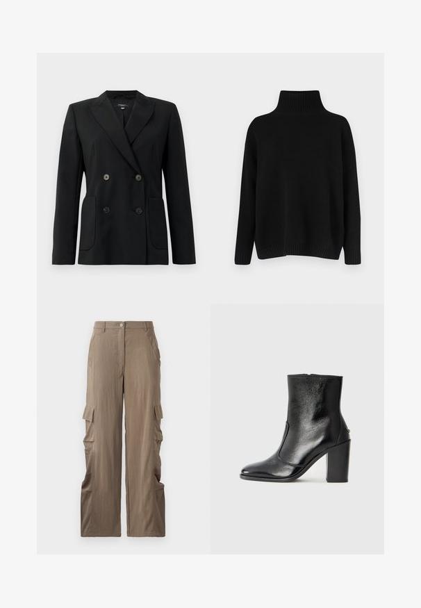 Schwarzer, doppelt gefütterter Blazer aus strukturiertem Stoff, mit Reverskragen, zwei Vordertaschen und vier schwarzen Knöpfen.; Schwarzer Strickpullover mit hohem, geripptem Kragen, herabgesetzten Schultern und lockerer Passform. Verfügt über gerippte Bündchen und Saum für zusätzliche Textur.; Cargo-Hosen aus leichtbraunem Stoff mit geradem Bein, zwei seitlichen Taschen und zwei Cargo-Taschen an den Oberschenkeln.; Schwarze Leder-Stiefelette mit glatter Textur, spitzem Fuß und klobigem hohen Absatz. Verfügt über eine seitliche Öffnung und ein minimalistisches Design.