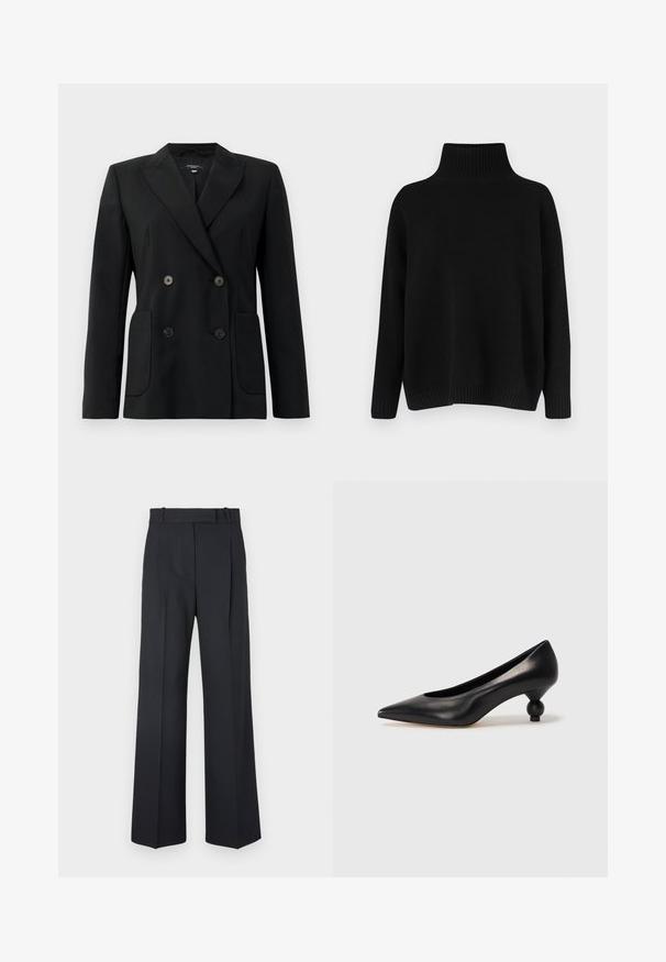 Svart dubbelknäppt blazer i strukturerad tyg, med snedskärning på slag, två framfickor och fyra svarta knappar.; Svart stickad tröja med hög ribbad krage, nedsänkta axlar och en avslappnad passform. Har ribbade muddar och fåll för textur.; Mörkblå rutiga byxor med hög midja, breda ben och utan synlig hårdvara eller dekorationer. Slät textur och skräddarsydd passform.; Svart läderhögklackad sko med spetsig tå och rund, bollformad klack. Slät yta med en elegant, minimalistisk design.