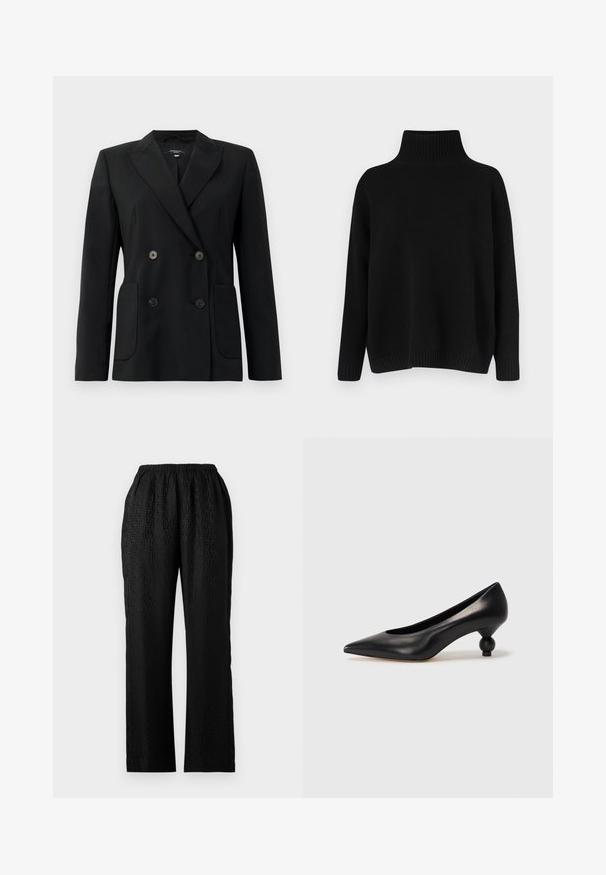 Blazer negru cu două rânduri de nasturi, realizat dintr-un material structurat, având rever cu decupaj, două buzunare frontale și patru nasturi negri.; Pulover negru tricotat, cu guler înalt cu dungi groase, umeri lăsați și croială lejeră. Are manșete și tiv cu dungi groase pentru textură.; Pantaloni negri, cu talie elastică, cu un design texturat ce prezintă un model subtil, cu croială dreaptă și un material ușor.; Pantofii cu toc înalt din piele neagră, cu vârf ascuțit și toc rotund, mimos. Textură netedă, cu un design elegant și minimalist.