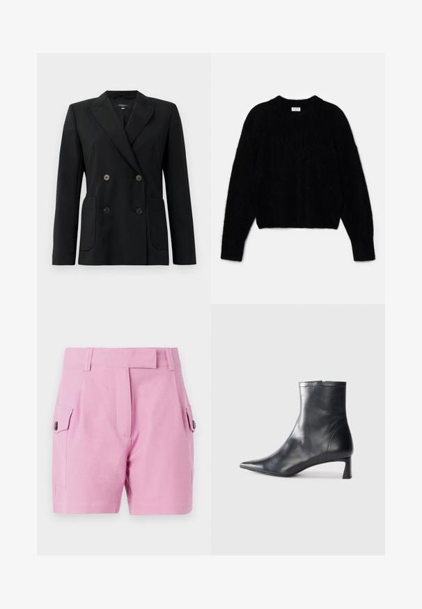 Fekete, kétsoros zakó, amely strukturált anyagból készült, kihajtott gallérral, két elülső zsebbel és négy fekete gombbal rendelkezik.; Fekete, rövidített pulóver bolyhos anyagból. Kerek nyakkivágással és hosszú ujjakon puha tapintású. Minimális design, minta nélkül.; Világos rózsaszín rövidnadrág, amelynek szabott kialakítása van, sima eleje, oldalsó zsebek gombzárakkal, valamint sima szövetű textúra.; Fekete bőr bokacsizma hegyes orral és letisztult dizájnnal. Alacsony sarka és hátsó cipzáras záródása van. Simának tűnő textúra.