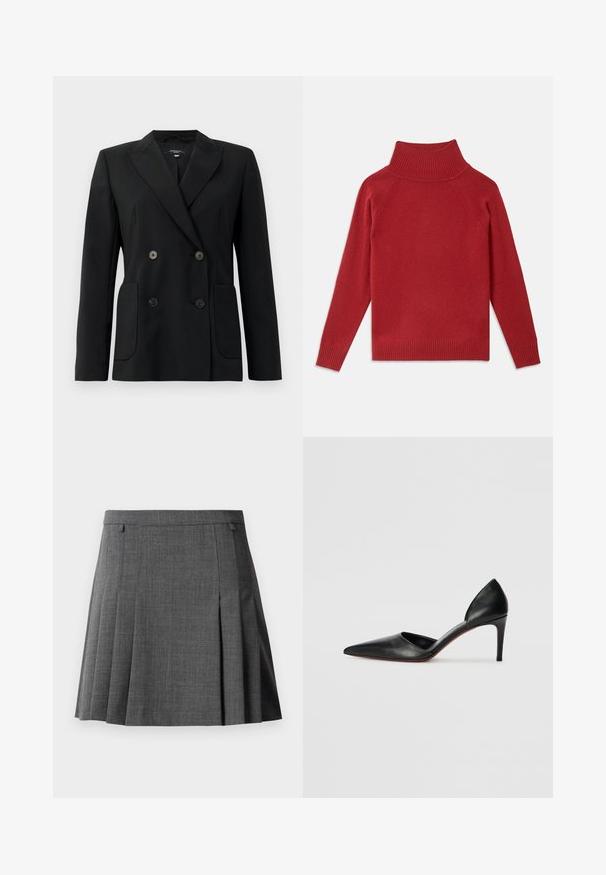 Blazer negru cu două rânduri de nasturi, realizat dintr-un material structurat, având rever cu decupaj, două buzunare frontale și patru nasturi negri.; Pulover roșu cu guler înalt, fabricat dintr-un material tricotat moale. Are un guler și manșete ribbate, cu o croială lejeră și umeri fără cusături.; Fustă plisată gri cu talie ajustată, realizată dintr-un material neted, de greutate medie.; Pantofi cu toc înalt din piele neagră, cu vârf ascuțit, laturi deschise și o siluetă elegantă. Prezintă un toc subțire și un accent pe talpa roșie.