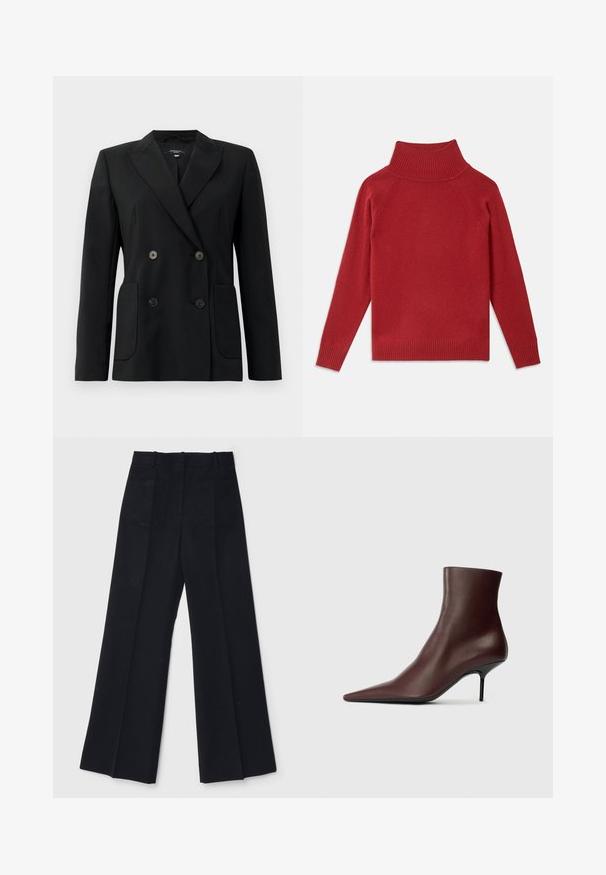 Fekete, kétsoros zakó, amely strukturált anyagból készült, kihajtott gallérral, két elülső zsebbel és négy fekete gombbal rendelkezik.; Piros garbópulóver puha kötött anyagból. Bordás nyakkal és mandzsettával rendelkezik, laza fazonú, varrat nélküli vállakkal.; Fekete, bő szárú nadrág sima anyagból, magas derékkal, két hátsó zsebbel és diszkrét elülső redőkkel az extra alakért.; Bordó bőrből készült bokacsizma, hegyes orral és elegáns, testhez simuló kialakítással; vékony fekete tűsarkúval rendelkezik.