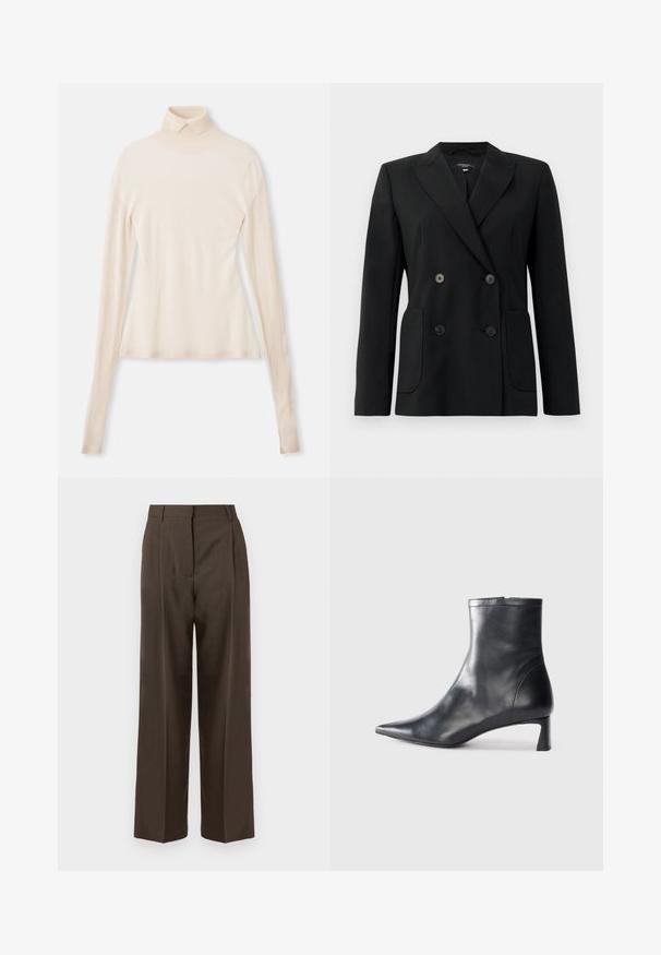 Blazer negro de doble botonadura, hecho de una tela estructurada, con solapas de muesca, dos bolsillos frontales y cuatro botones negros.; Un suéter de cuello alto crema, hecho de una tela suave y lisa, con mangas largas, una silueta ajustada y un ligero estiramiento para mayor comodidad.; Pantalones de pierna ancha marrones con una textura suave, que presentan una cintura alta, pliegues frontales y un diseño ajustado. Sin bolsillos visibles ni adornos.; Botín de cuero negro hasta el tobillo con punta afilada y un diseño elegante. Presenta un tacón bajo y un cierre con cremallera en la parte trasera. Textura suave.