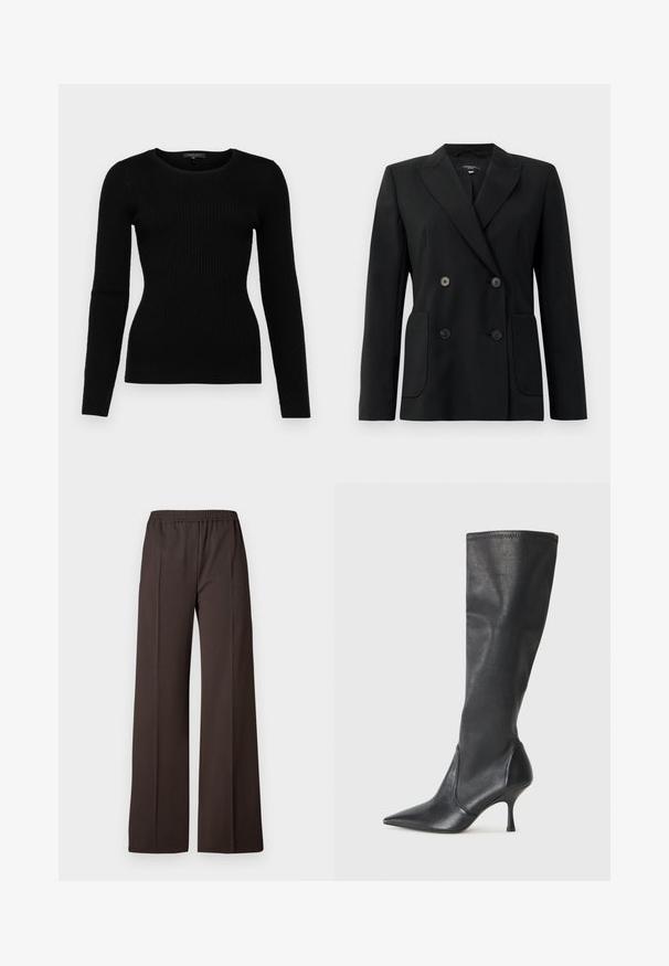 Melnā dubultā jaciņa, kas izgatavota no strukturēta auduma, ar griezumiem pie apkakles, divām priekšējām kabatām un četriem melniem pogām.; Melnā ribota garenē piedurknē džemperis ar apaļu izgriezumu un pieguļošu siluetu, izgatavots no mīksta materiāla, ar strukturētu rakstu.; Gari pamatkrāsas tumši brūnas bikses ar elastīgu jostasvietu, kas izceļas ar gludu tekstūru un vienkāršām līnijām, nodrošinot elegantu izskatu.; Ceļa auguma melni ādas zābaki ar smailu purngalu un šauru stiletto papēdi. Gluda tekstūra ar pieguļošu dizainu un izšuvumiem augšējā malā.