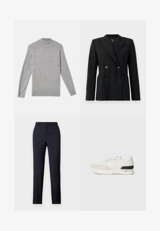 Crni dvostruki sako od čvrstog materijala, s reverima, dva prednja džepa i četiri crna dugmeta.; Sivi pleteni pulover s visokim rebrastim izrezom, raglan rukavima i rebrastim manžetama, koji se odlikuje mekom teksturom i jednostavnim dizajnom.; Mornarsko plave krojene hlače ravnog kroja, sa glatkom teksturom, dvije prednje džepove i urednim pojasom.; Bijela tenisica s teksturiranim nubuk prednjim dijelom, glatkim mrežastim gornjim dijelom, dekorativnim vezicama i crnim gumiranim akcentom na peti.
