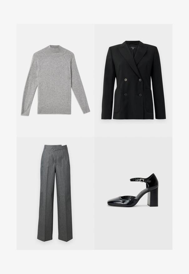 Black double-breasted blazer made of structured fabric, featuring notch lapels, two front pockets, and four black buttons.; Gray knit sweater with a high ribbed neckline, raglan sleeves, and ribbed cuffs, featuring a soft texture and a simple design.; Wide-leg trousers in dark gray fabric, featuring a high waist, front pleats, and a single button closure on the side.; Black patent leather high-heeled shoes with a square toe, ankle strap, and a chunky heel. Includes perforated detailing along the rim.