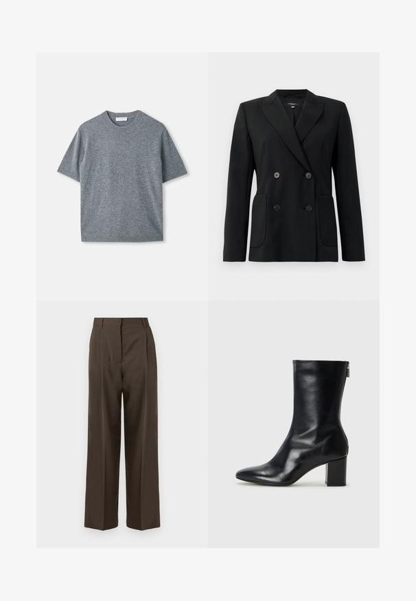 Black double-breasted blazer made of structured fabric, featuring notch lapels, two front pockets, and four black buttons.; Short-sleeve grey sweater made of a soft, lightweight material. Features a crew neck, ribbed cuffs, and hem. Smooth texture with a subtle finish.; Brown wide-leg trousers with a smooth texture, featuring a high waist, front pleats, and a tailored design. No visible pockets or embellishments.; Black leather ankle boot with a pointed toe and 4 cm block heel. Sleek design features a side zipper for easy wear. Smooth texture.