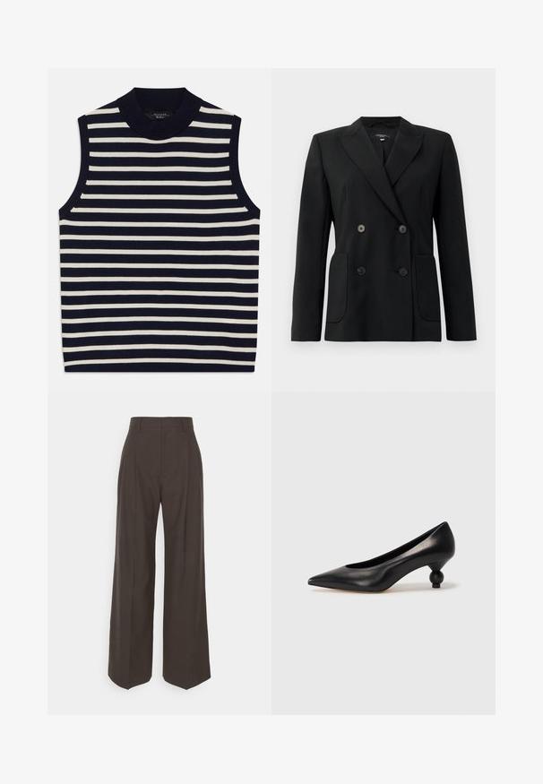 Fekete, kétsoros zakó, amely strukturált anyagból készült, kihajtott gallérral, két elülső zsebbel és négy fekete gombbal rendelkezik.; Ujjatlan felső, függőleges sötétkék és krém csíkokkal, bordázott környakkal, puha kötött anyagból, letisztult széllel és modern dizájnnal.; Sötétbarna, bő szárú nadrág magas derékkal, tisztán vasalt redőkkel, sima textúrával és testhez simuló fazonnal.; Fekete bőr magassarkú cipő, hegyes orral és kerek, gömbölyű sarokkal. Simább textúrával, elegáns, minimalista dizájnnal.