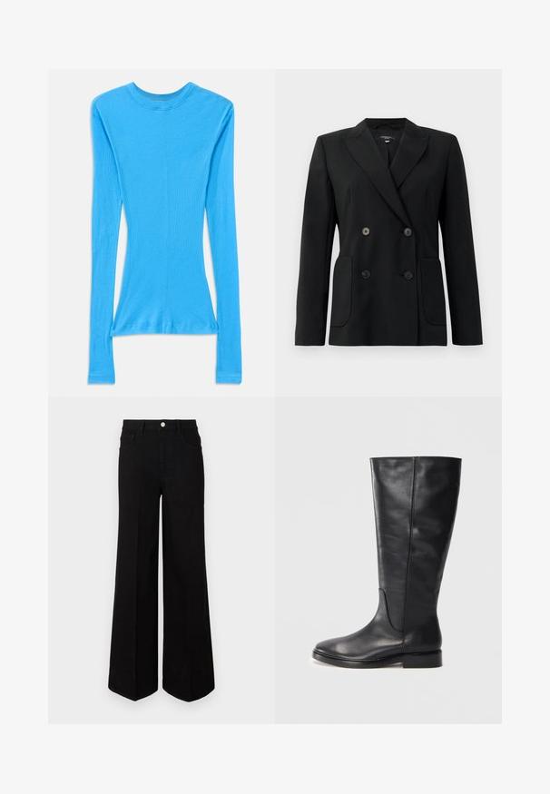 Blazer nero doppiopetto realizzato in tessuto strutturato, con rever a forma di pescante, due tasche frontali e quattro bottoni neri.; Maglietta a maniche lunghe, attillata, di un blu brillante, realizzata in tessuto a costine. Presenta un collo rotondo e una vita leggermente svasata.; Jeans neri a gamba larga realizzati in tessuto resistente, con vita alta, tasche frontali e chiusura con bottone anteriore. Orlo piatto sul fondo.; Stivale in pelle nera altezza ginocchio con tacco basso e punta arrotondata, che mostra dettagli di cucitura lungo il gambale e la tomaia.